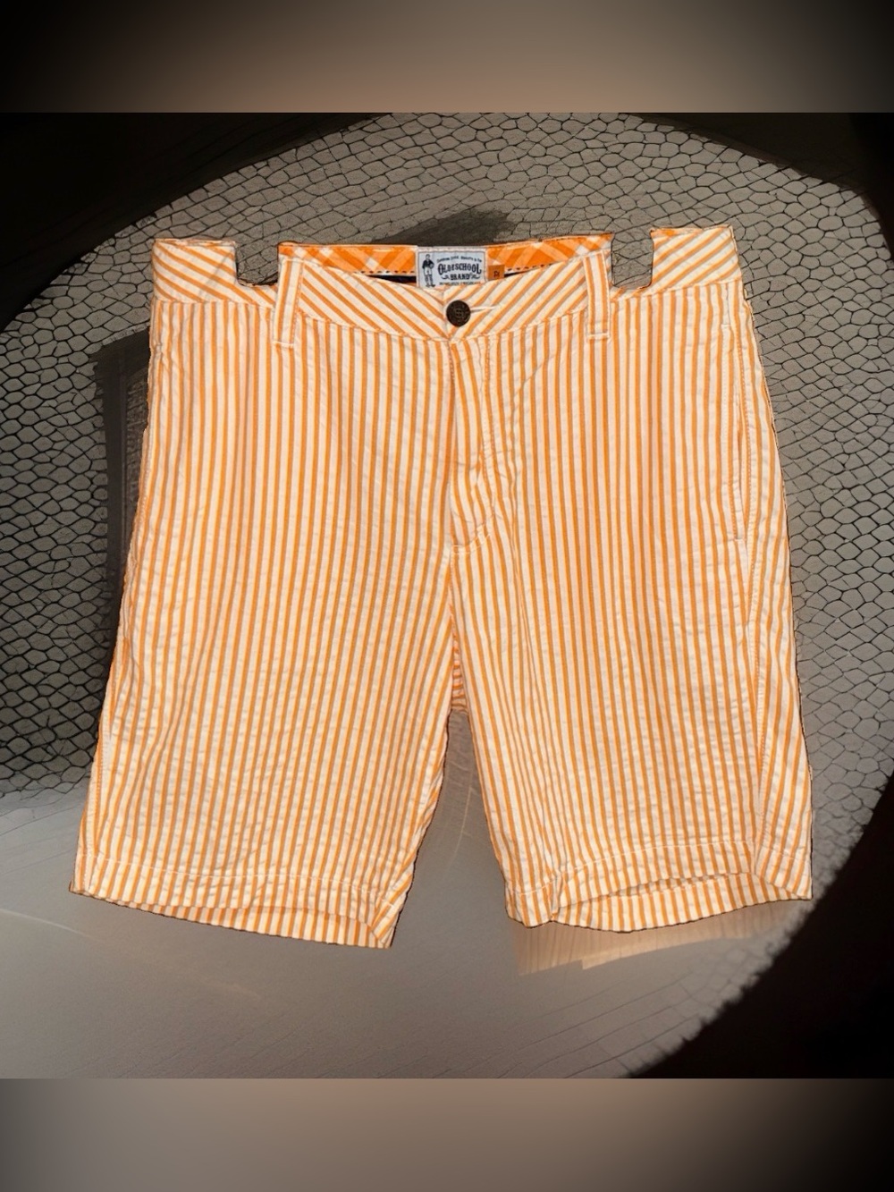 Old School Men’s Orange Stripe Seersucker Flat-Front Men’s Shorts-32”-EC